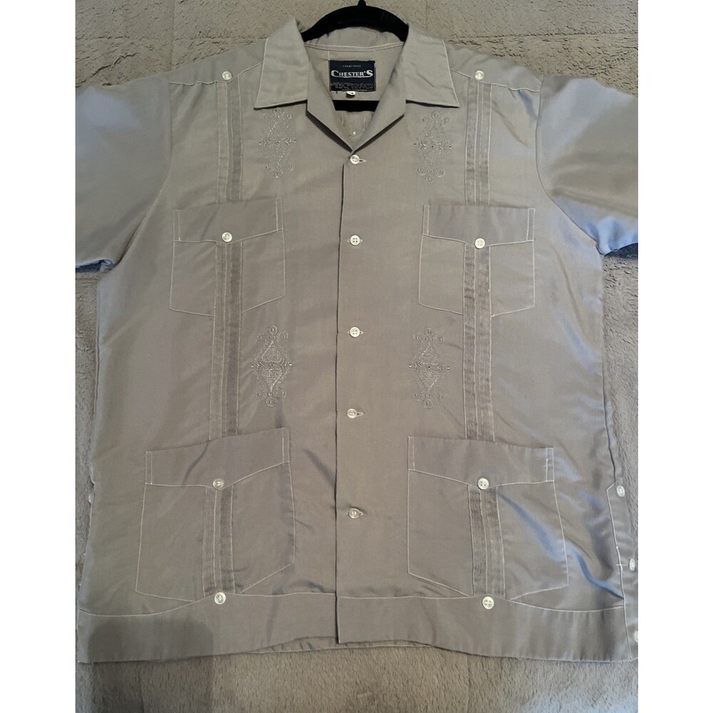 Tony Creaciones Mens Embroidered Gray Guayabera Shirt 4-Pocket 42 Button Slit EU